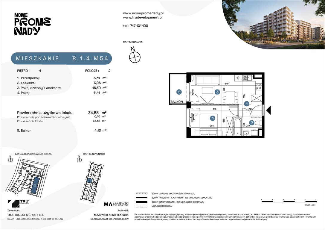 Nowe mieszkanie dwupokojowe Nowe Promenady Wrocław, Kleczków, ul. Czochralskiego/ Miłosza  35m2 Foto 1