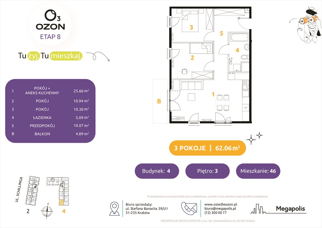 Nowe mieszkanie trzypokojowe Osiedle Ozon etap 8 Kraków, Schillinga 2-4  62m2 Foto 1