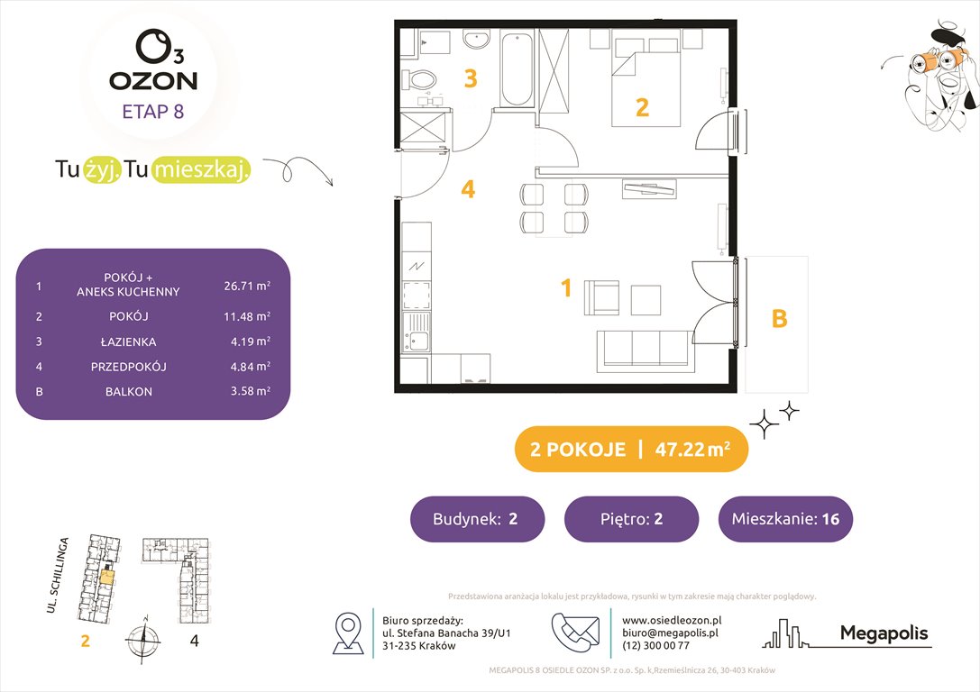 Nowe mieszkanie dwupokojowe Osiedle Ozon etap 8 Kraków, Prądnik Biały, Schillinga 2-4  47m2 Foto 1