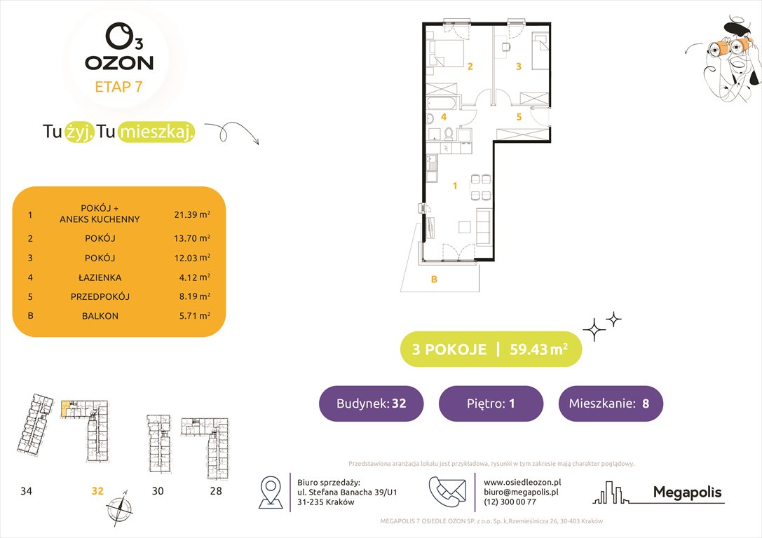 Nowe mieszkanie trzypokojowe Osiedle Ozon etap 7 Kraków, Prądnik Biały, Banacha 28-34  60m2 Foto 1