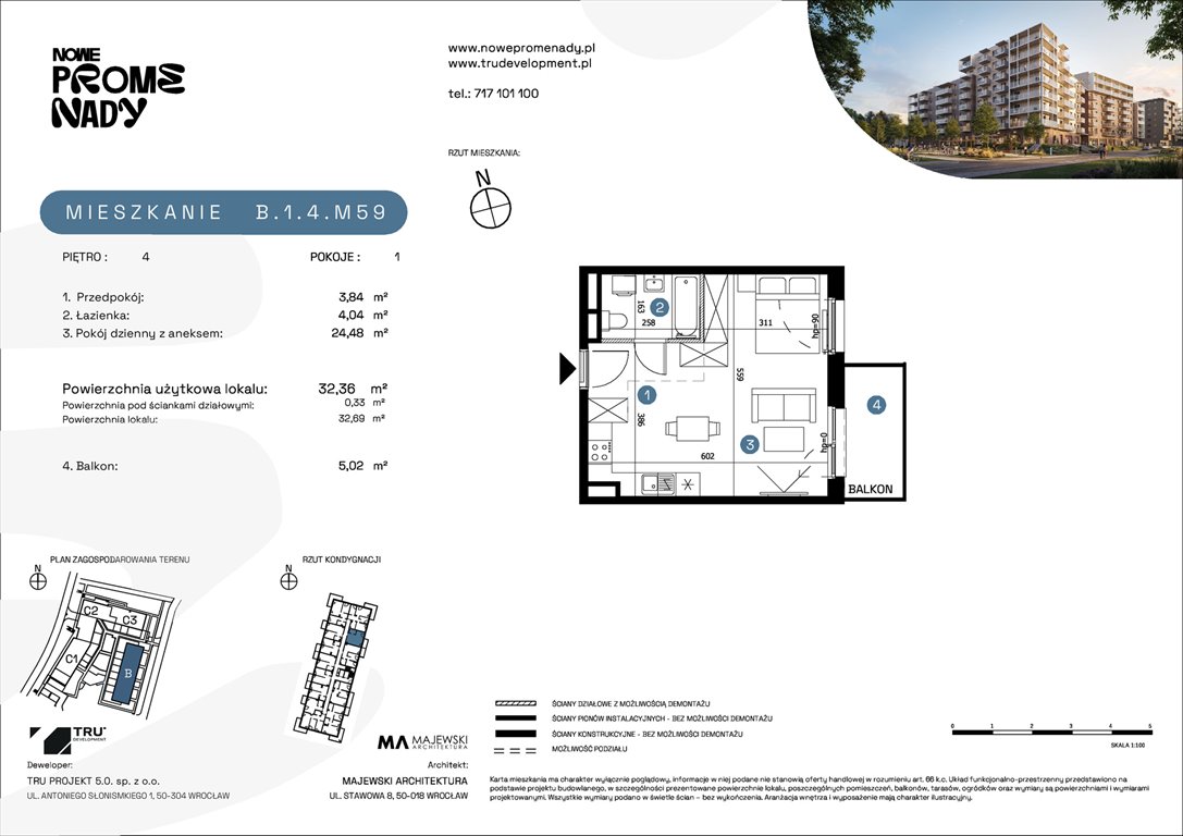 Nowa kawalerka Nowe Promenady Wrocław, Kleczków, ul. Czochralskiego/ Miłosza  32m2 Foto 1