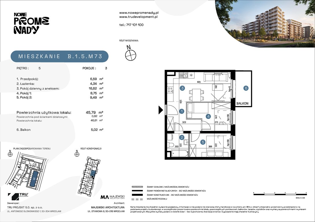 Nowe mieszkanie trzypokojowe Nowe Promenady Wrocław, Kleczków, ul. Czochralskiego/ Miłosza  46m2 Foto 1