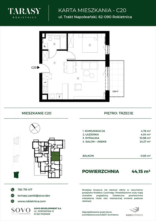 Nowe mieszkanie dwupokojowe Tarasy Rokietnicy Rokietnica, Trakt Napoleoński  44m2 Foto 1