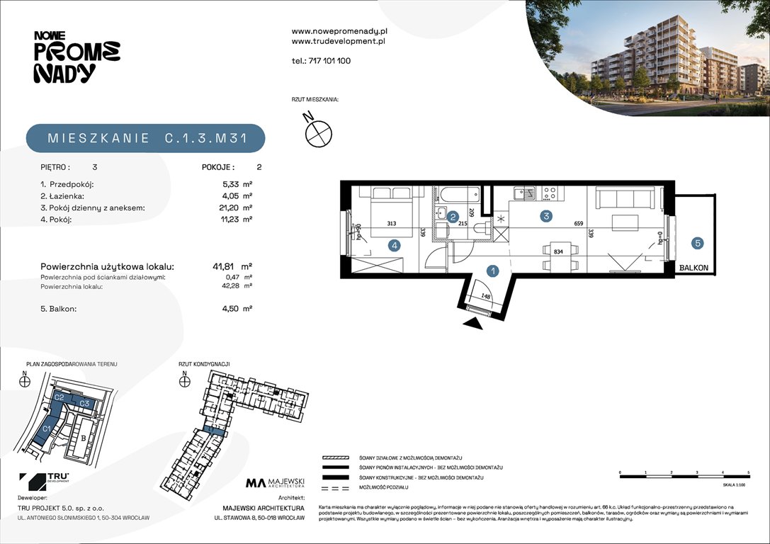 Nowe mieszkanie dwupokojowe Nowe Promenady Wrocław, Kleczków, ul. Czochralskiego/ Miłosza  42m2 Foto 1