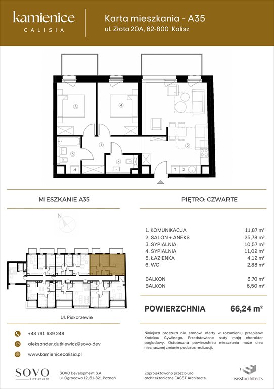 Nowe mieszkanie trzypokojowe Kamienice Calisia Kalisz, UL. ZŁOTA 20 A  66m2 Foto 1