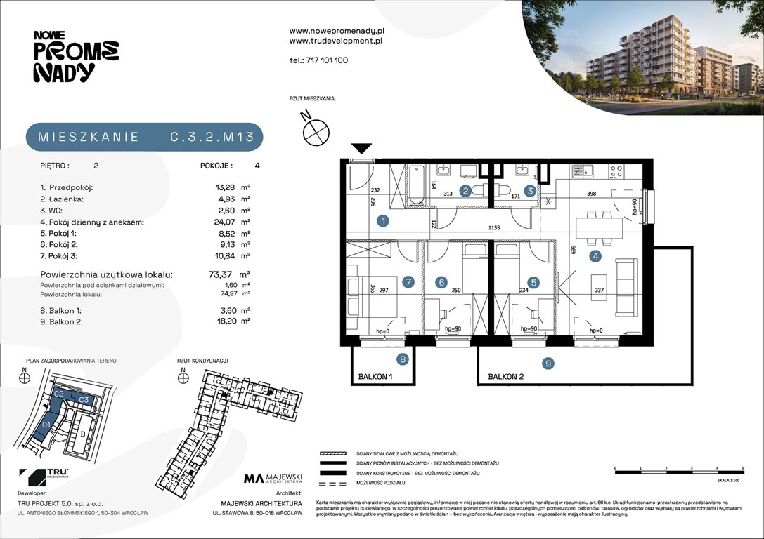 Nowe mieszkanie czteropokojowe  Nowe Promenady Wrocław, Kleczków, ul. Czochralskiego/ Miłosza  73m2 Foto 1