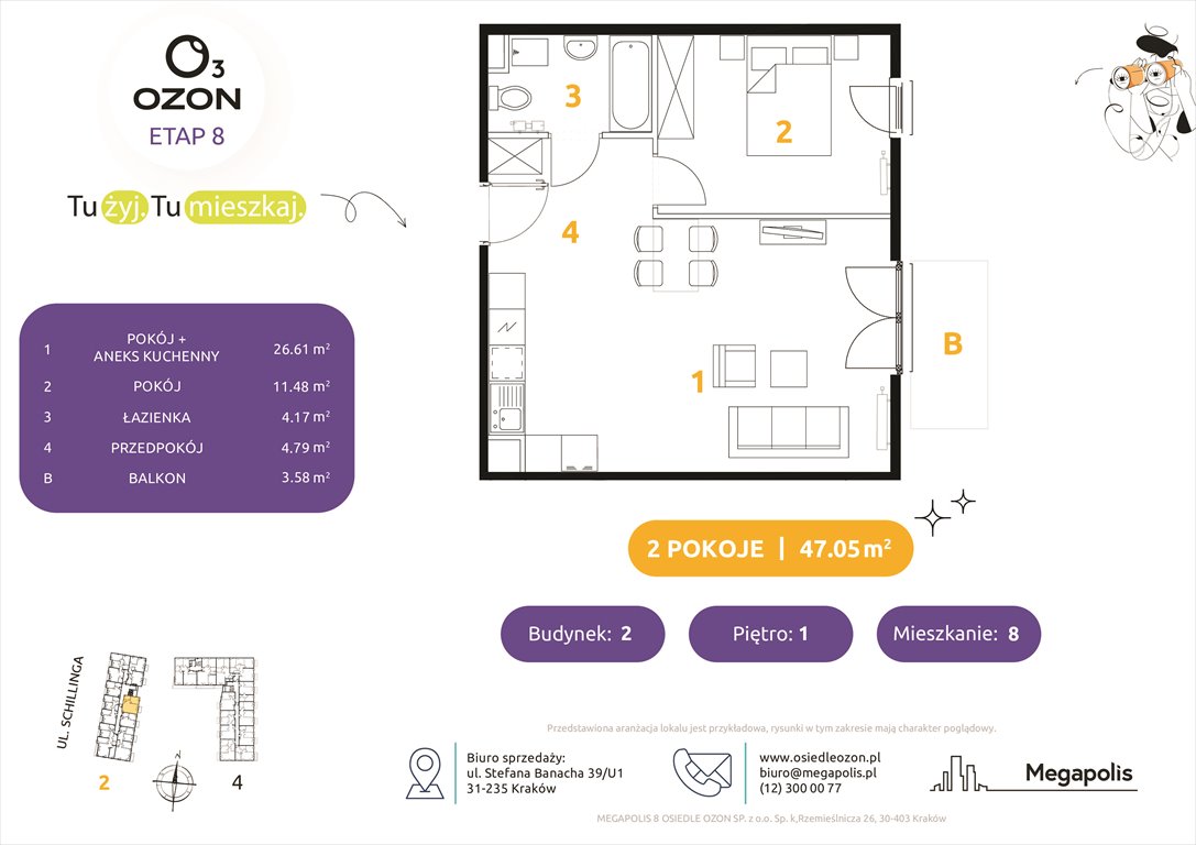 Nowe mieszkanie dwupokojowe Osiedle Ozon etap 8 Kraków, Schillinga 2-4  47m2 Foto 1