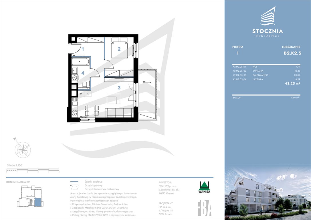 Nowe mieszkanie dwupokojowe Stocznia Residence Radziwie, ul. Popłacińska 42  43m2 Foto 1
