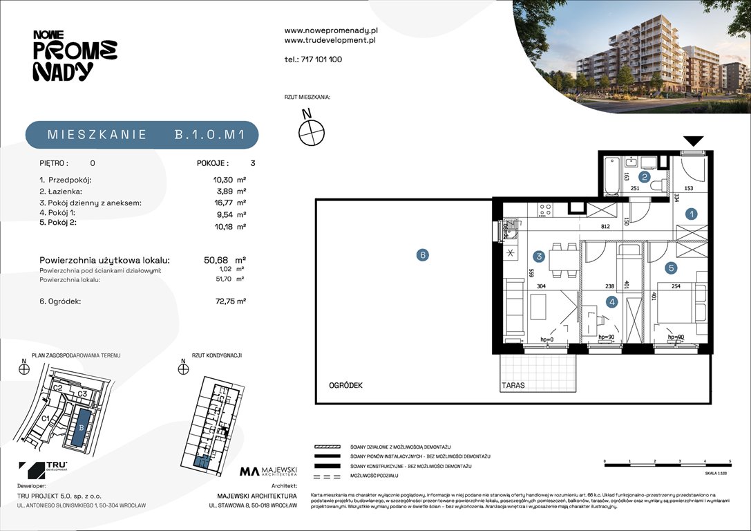Nowe mieszkanie trzypokojowe Nowe Promenady Wrocław, Kleczków, ul. Czochralskiego/ Miłosza  51m2 Foto 1