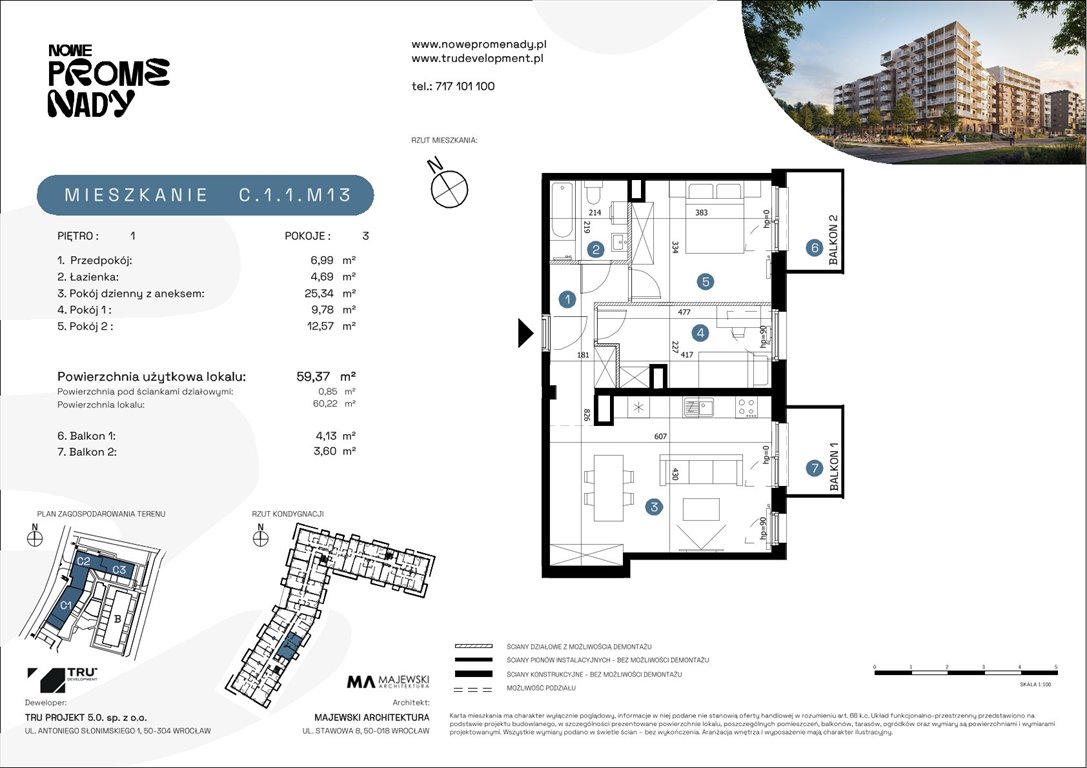 Nowe mieszkanie trzypokojowe Nowe Promenady Wrocław, Kleczków, ul. Czochralskiego/ Miłosza  59m2 Foto 1