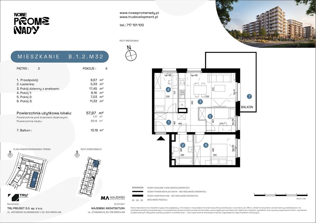 Nowe mieszkanie czteropokojowe  Nowe Promenady Wrocław, Kleczków, ul. Czochralskiego/ Miłosza  58m2 Foto 1