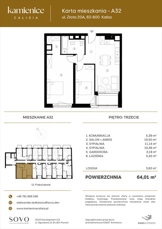 Nowe mieszkanie trzypokojowe Kamienice Calisia Kalisz, UL. ZŁOTA 20 A  64m2 Foto 1