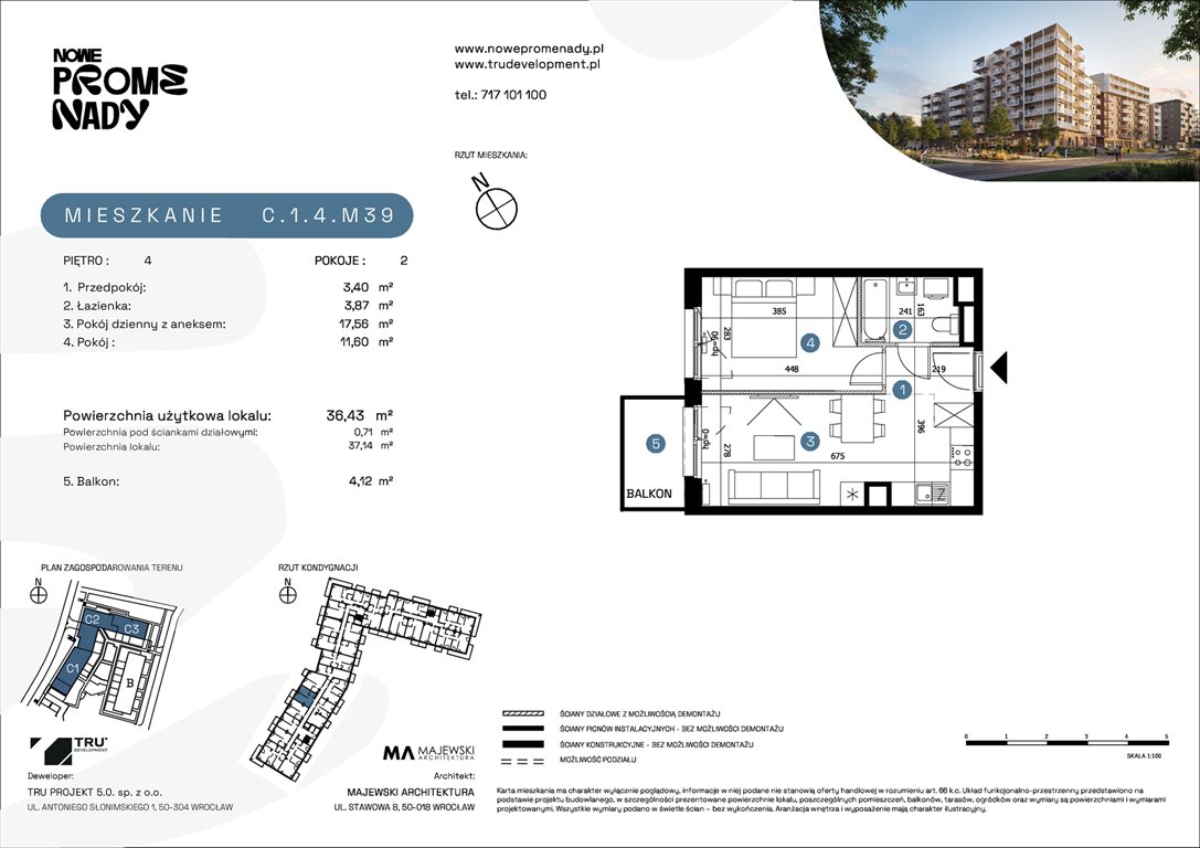Nowe mieszkanie dwupokojowe Nowe Promenady Wrocław, Kleczków, ul. Czochralskiego/ Miłosza  36m2 Foto 1