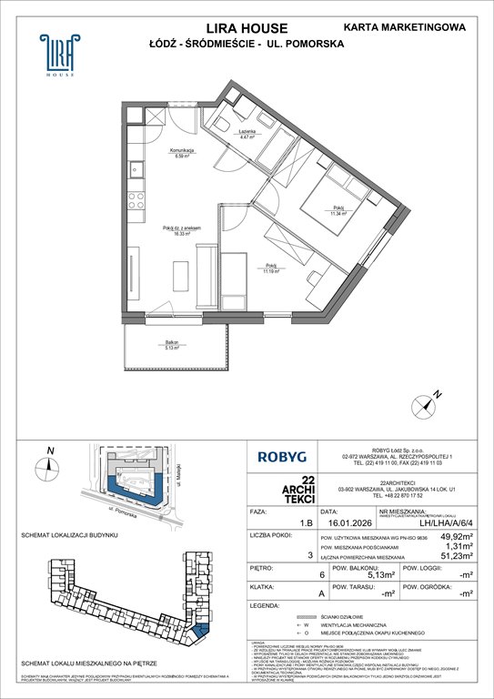 Nowe mieszkanie trzypokojowe Lira House Łódź, Pomorska 108  50m2 Foto 1