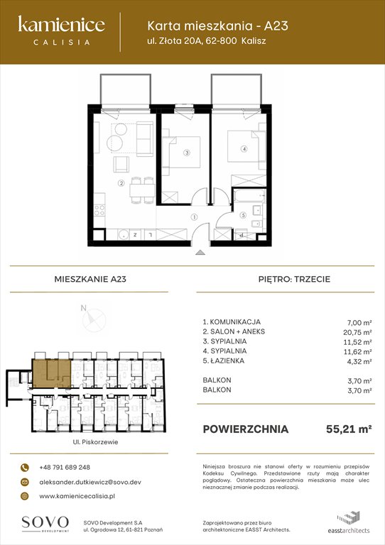 Nowe mieszkanie trzypokojowe Kamienice Calisia Kalisz, UL. ZŁOTA 20 A  55m2 Foto 1