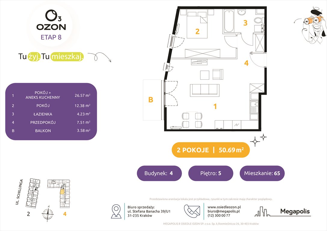 Nowe mieszkanie dwupokojowe Osiedle Ozon etap 8 Kraków, Prądnik Biały, Schillinga 2-4  51m2 Foto 1