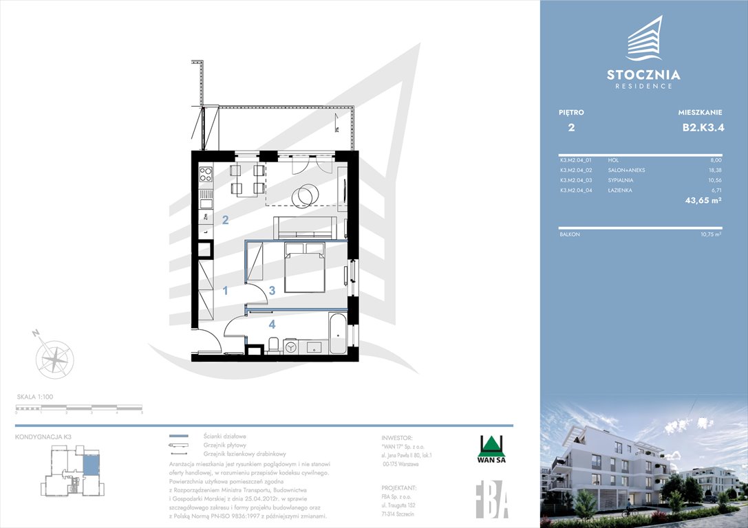 Nowe mieszkanie dwupokojowe Stocznia Residence Radziwie, ul. Popłacińska 42  44m2 Foto 1