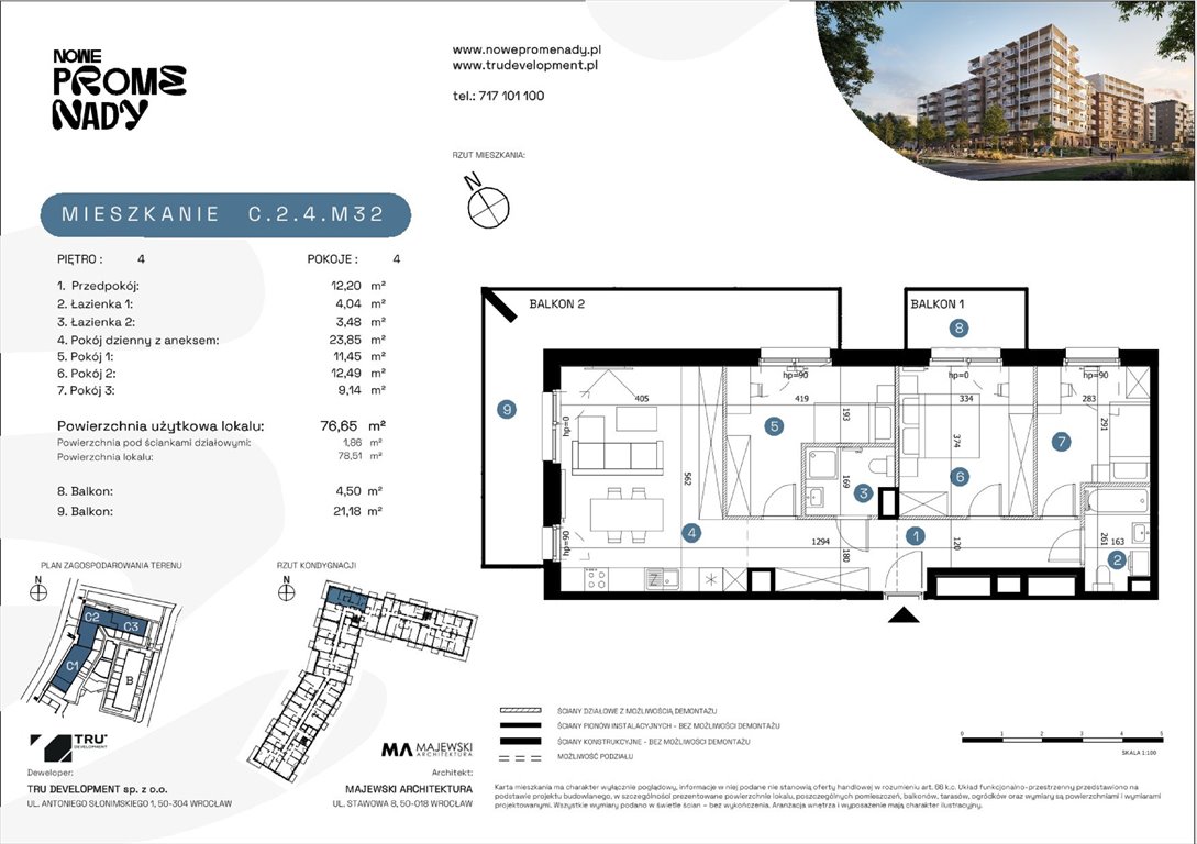 Nowe mieszkanie czteropokojowe  Nowe Promenady Wrocław, Kleczków, ul. Czochralskiego/ Miłosza  77m2 Foto 1