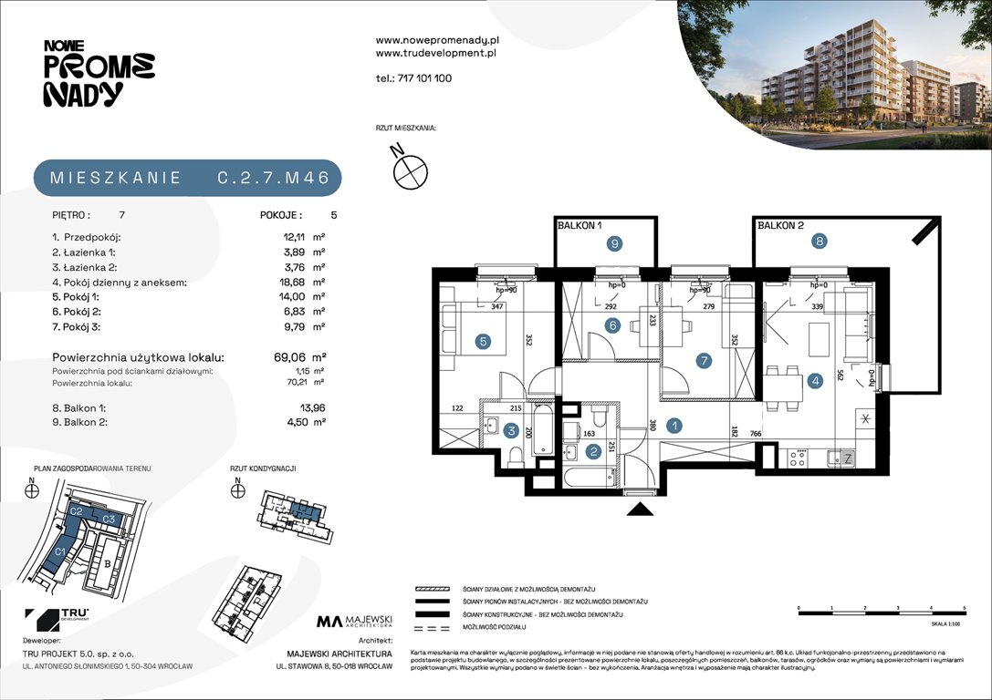 Nowe mieszkanie czteropokojowe  Nowe Promenady Wrocław, Kleczków, ul. Czochralskiego/ Miłosza  69m2 Foto 1