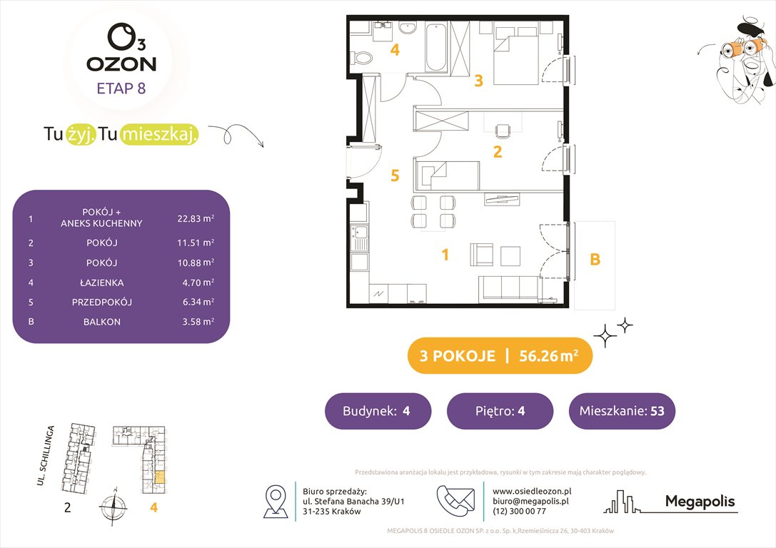 Nowe mieszkanie trzypokojowe Osiedle Ozon etap 8 Kraków, Prądnik Biały, Schillinga 2-4  56m2 Foto 1