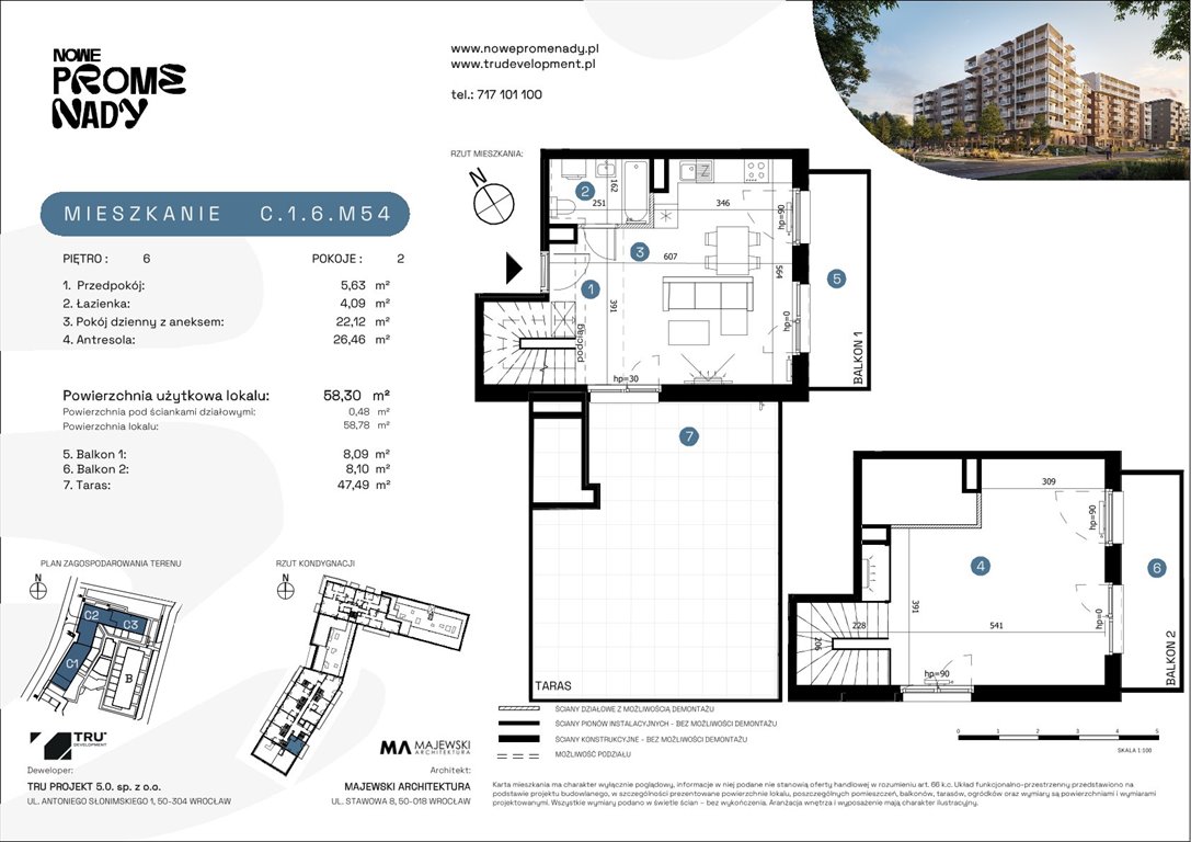 Nowe mieszkanie trzypokojowe Nowe Promenady Wrocław, Kleczków, ul. Czochralskiego/ Miłosza  58m2 Foto 1