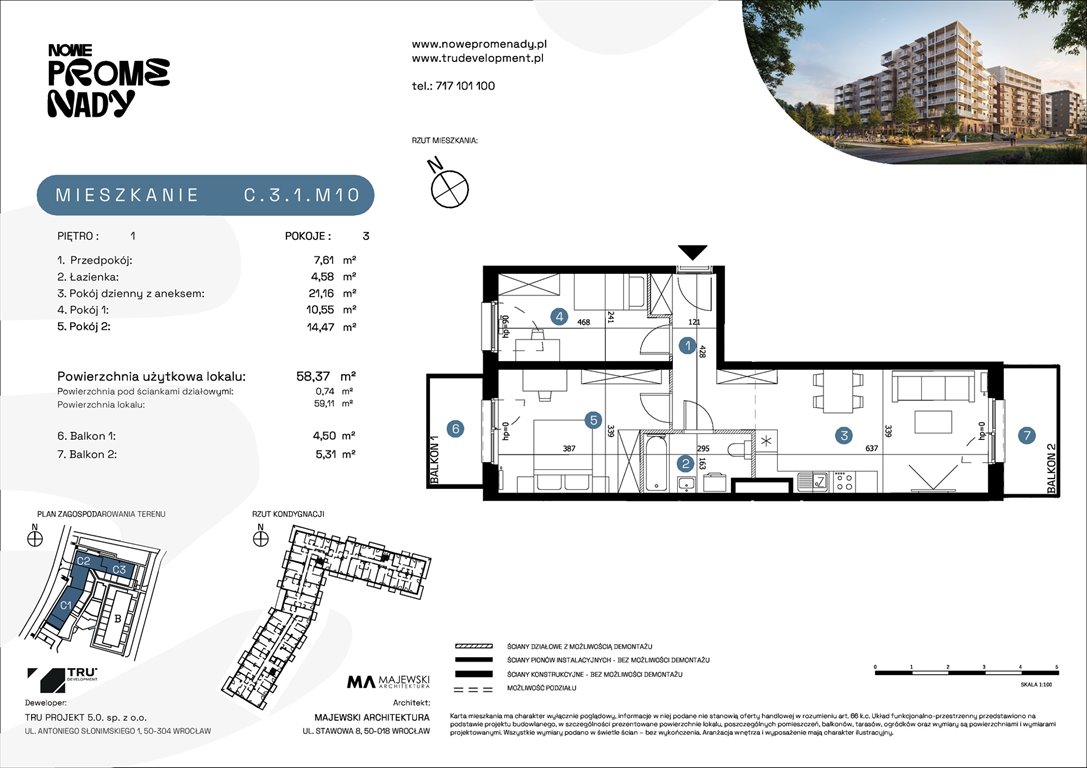 Nowe mieszkanie trzypokojowe Nowe Promenady Wrocław, Kleczków, ul. Czochralskiego/ Miłosza  58m2 Foto 1