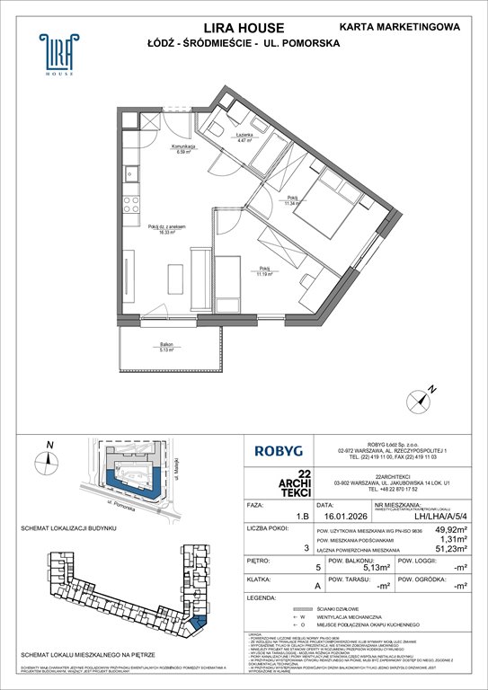 Nowe mieszkanie trzypokojowe Lira House Łódź, Pomorska 108  50m2 Foto 1