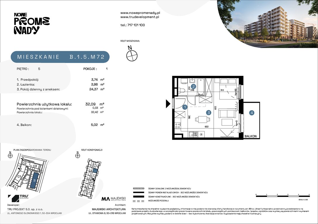 Nowa kawalerka Nowe Promenady Wrocław, Kleczków, ul. Czochralskiego/ Miłosza  32m2 Foto 1