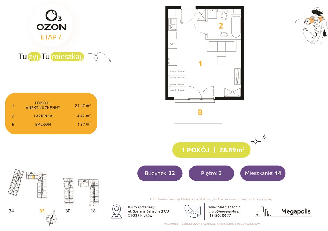 Nowa kawalerka Osiedle Ozon etap 7 Kraków, Prądnik Biały, Banacha 28-34  29m2 Foto 1