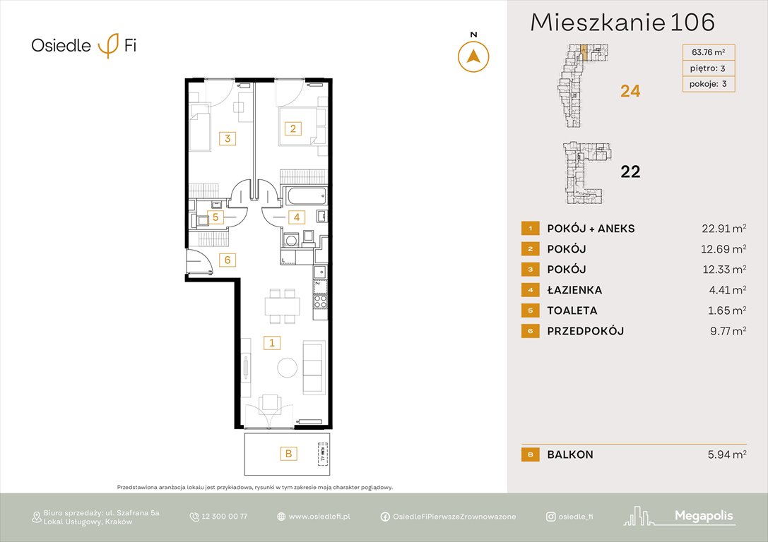 Nowe mieszkanie trzypokojowe Osiedle FI 3 Kraków, Rzemieślnicza 22-24  64m2 Foto 1