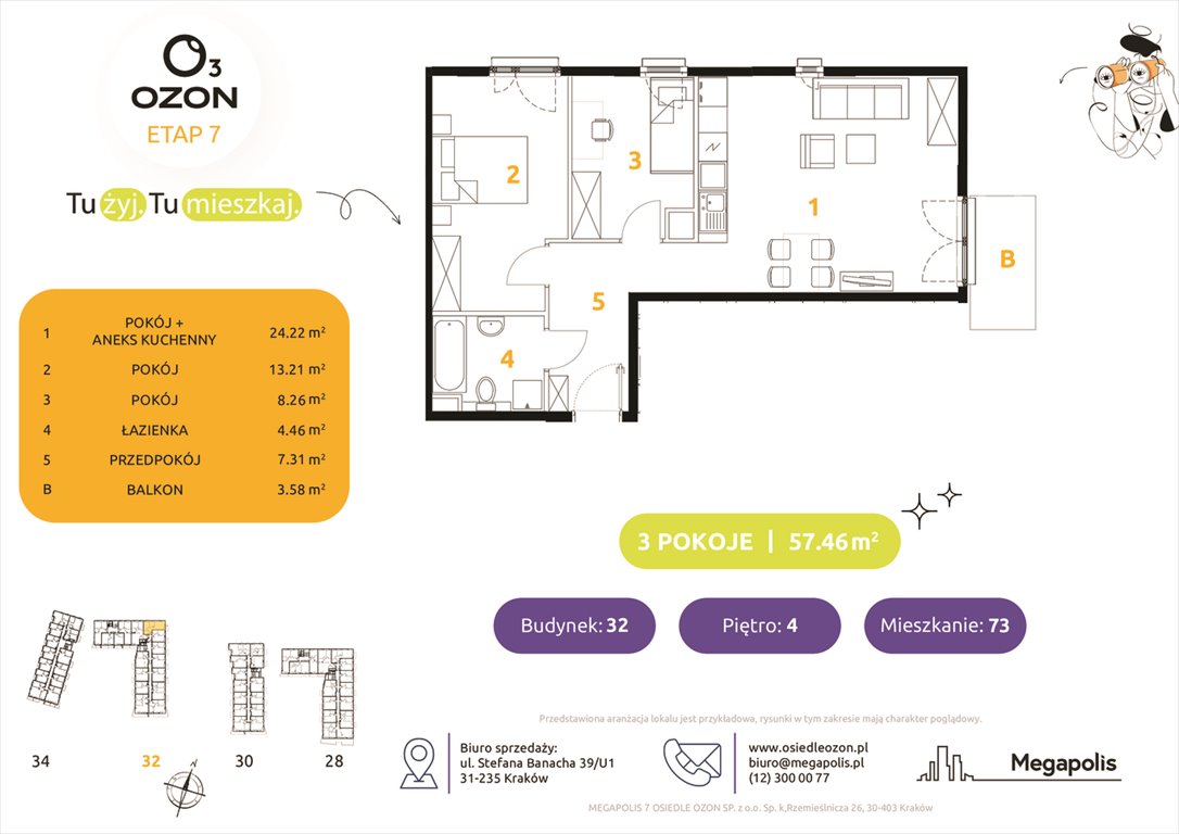 Nowe mieszkanie trzypokojowe Osiedle Ozon etap 7 Kraków, Prądnik Biały, Banacha 28-34  58m2 Foto 1