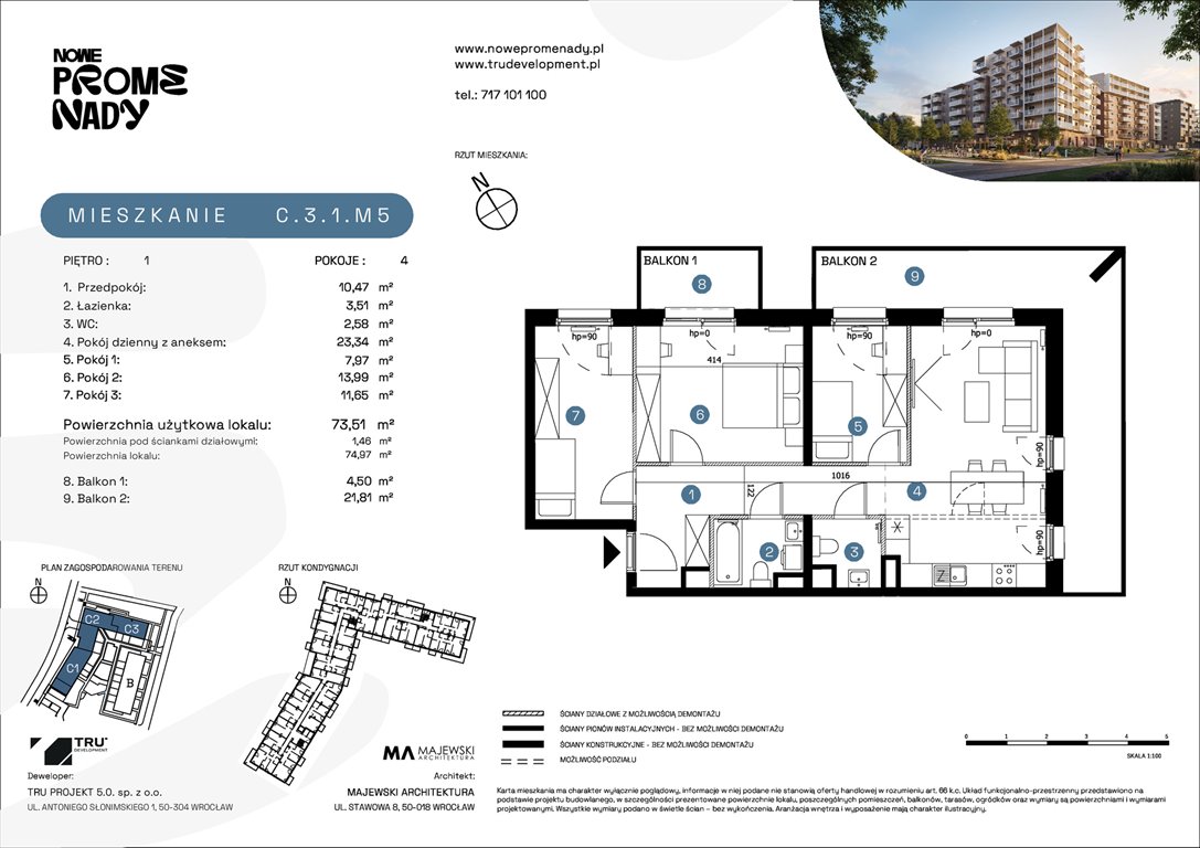 Nowe mieszkanie czteropokojowe  Nowe Promenady Wrocław, Kleczków, ul. Czochralskiego/ Miłosza  74m2 Foto 1