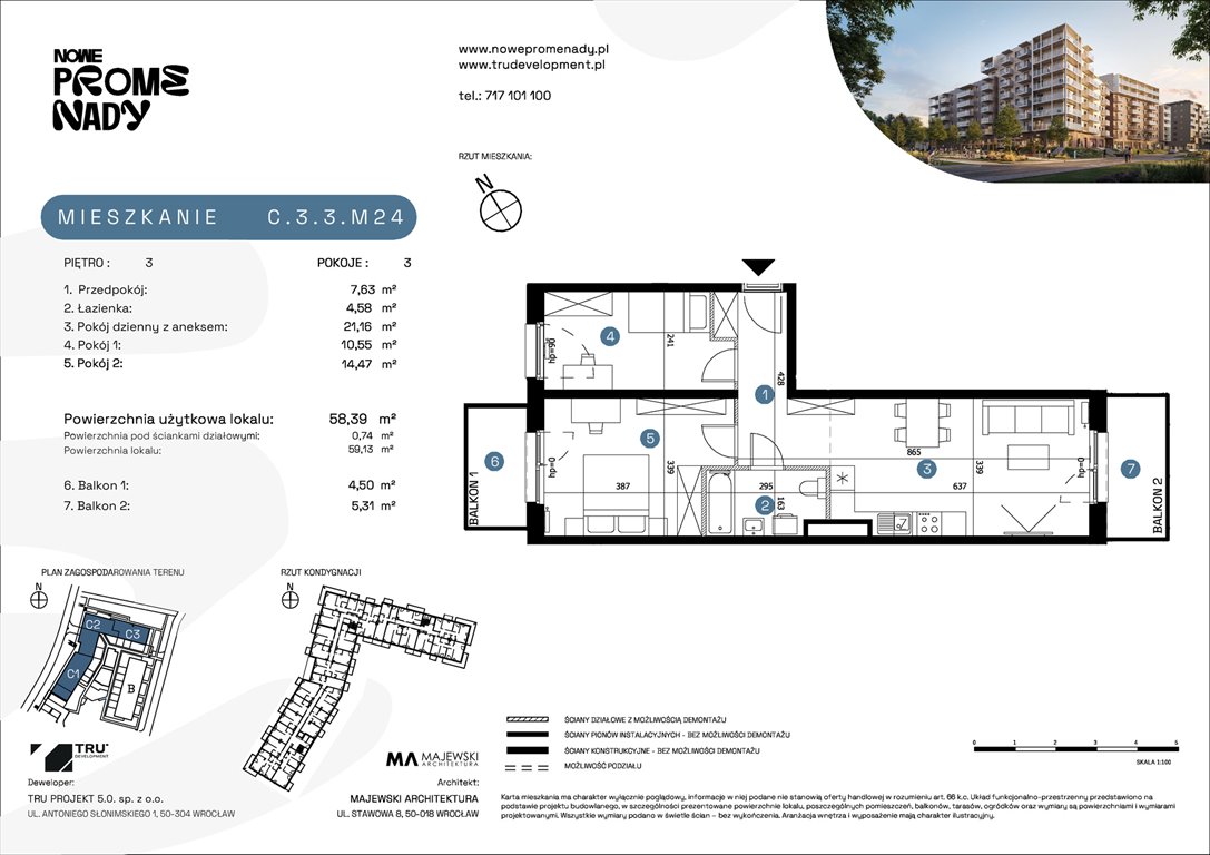 Nowe mieszkanie trzypokojowe Nowe Promenady Wrocław, Kleczków, ul. Czochralskiego/ Miłosza  58m2 Foto 1