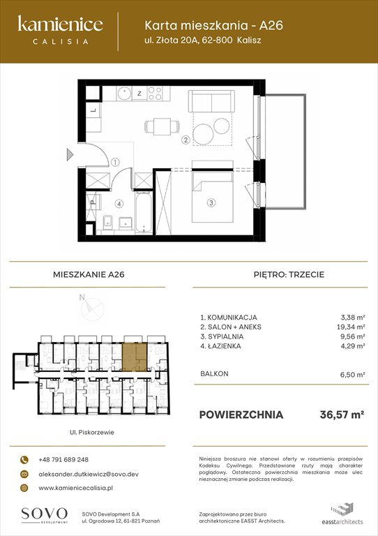 Nowe mieszkanie dwupokojowe Kamienice Calisia Kalisz, UL. ZŁOTA 20 A  37m2 Foto 1