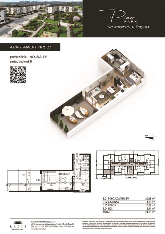 Nowe mieszkanie dwupokojowe Piano Park budynek H Suwałki, Rotmistrza Witolda Pileckiego 5a  41m2 Foto 1