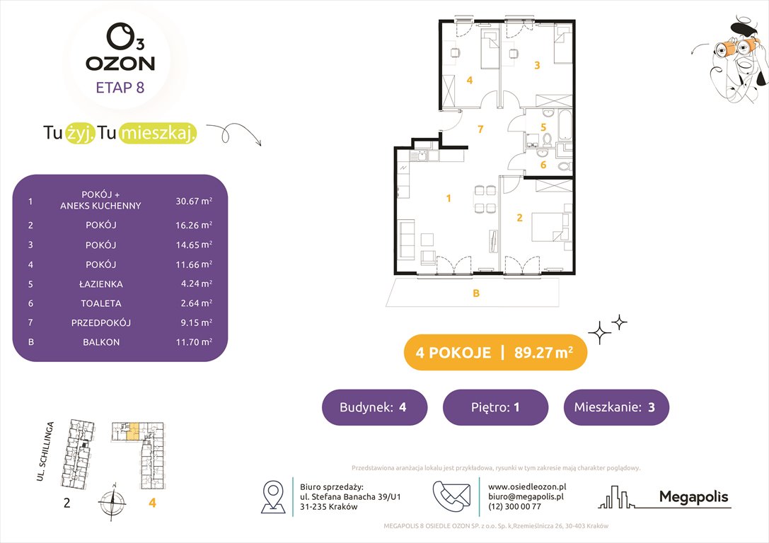 Nowe mieszkanie czteropokojowe  Osiedle Ozon etap 8 Kraków, Schillinga 2-4  89m2 Foto 1