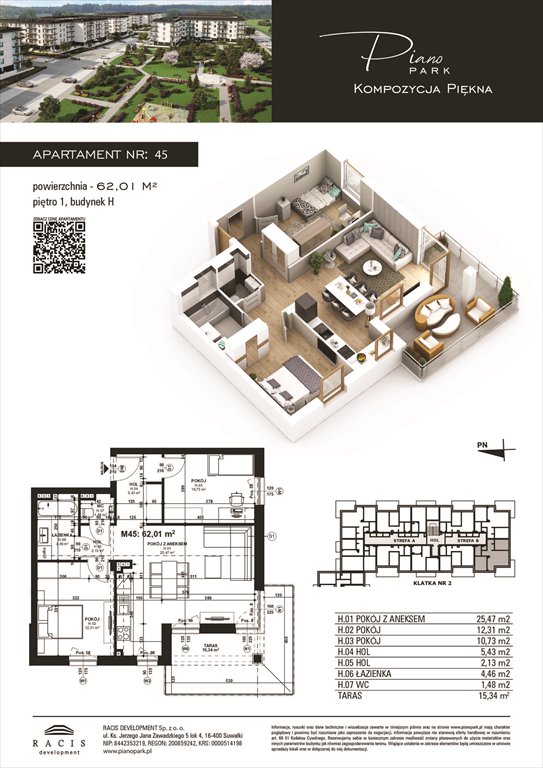 Nowe mieszkanie trzypokojowe Piano Park budynek H Suwałki, Rotmistrza Witolda Pileckiego 5a  62m2 Foto 1