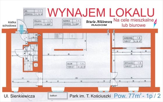 Mieszkanie dwupokojowe na wynajem Radom, Henryka Sienkiewicza 77m2 Foto 3