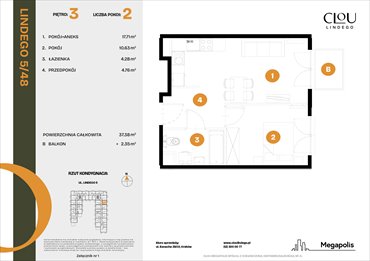 rzut mieszkanie na sprzedaż 37m2 mieszkanie Kraków, Lindego 5
