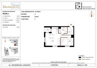 rzut mieszkanie na sprzedaż 44m2 mieszkanie Kraków, Bieżanów, Drożdżowa