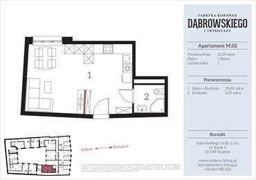 rzut mieszkanie na sprzedaż 31m2 mieszkanie Kraków, Stare Podgórze, Dąbrowskiego 16