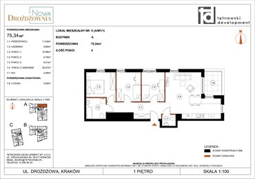 rzut mieszkanie na sprzedaż 75m2 mieszkanie Kraków, Bieżanów, Drożdżowa
