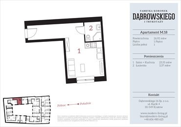 rzut mieszkanie na sprzedaż 27m2 mieszkanie Kraków, Stare Podgórze, Dąbrowskiego 16