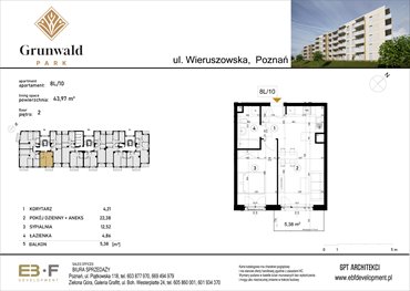 rzut mieszkanie na sprzedaż 44m2 mieszkanie Poznań, Grunwald, Wieruszowska 8