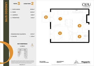 rzut mieszkanie na sprzedaż 37m2 mieszkanie Kraków, Lindego 5