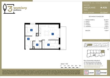 rzut mieszkanie na sprzedaż 53m2 mieszkanie Kraków, Bronowice Wielkie, Stelmachów