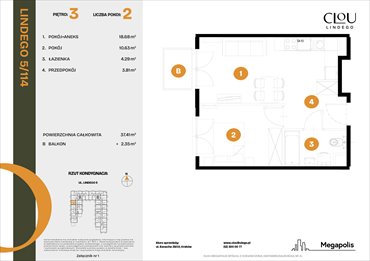 rzut mieszkanie na sprzedaż 37m2 mieszkanie Kraków, Lindego 5