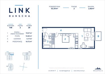 rzut mieszkanie na sprzedaż 52m2 mieszkanie Kraków, Bunscha 14a