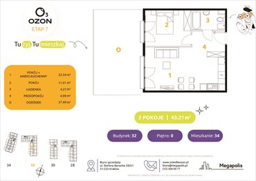 rzut mieszkanie na sprzedaż 43m2 mieszkanie Kraków, Prądnik Biały, Banacha 28-34