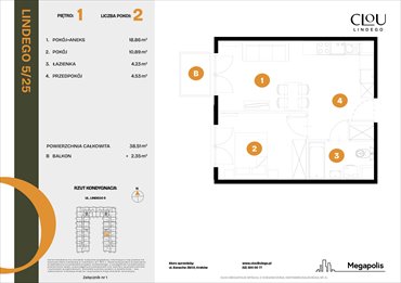 rzut mieszkanie na sprzedaż 39m2 mieszkanie Kraków, Lindego 5
